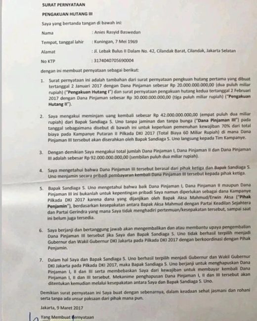 Surat pernyataan utang Anies Baswedan untuk dana kampanye Pilkada DKI 2017.