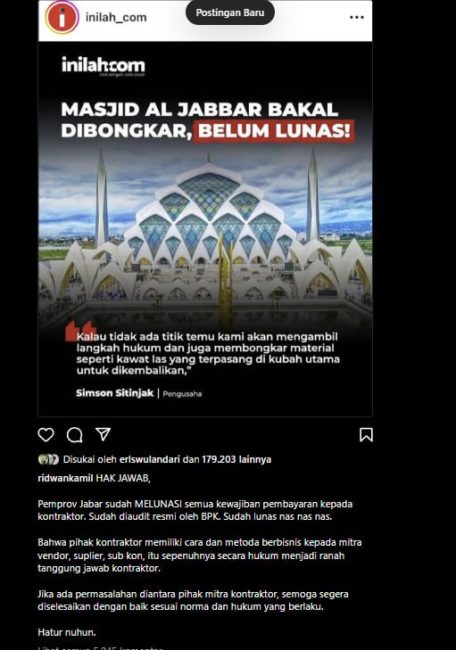 Hak jawab Ridwan Kamil terkait isu pembongkaran Masjid Al Jabbar