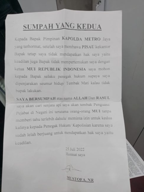 Surat sumpah yang ditemukan terkait penembakan yang dilakukan Mustofa.