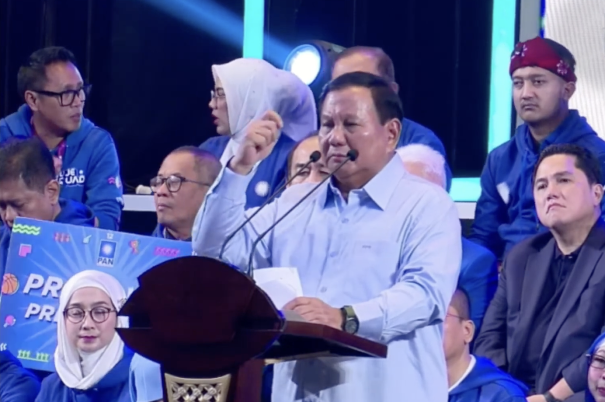 Calon presiden Prabowo Subianto mendapat kesempatan pidato dalam HUT ke-25 PAN di Hotel Sultan, Senayan, Jakarta Pusat, Senin, 28 Agustus 2023.