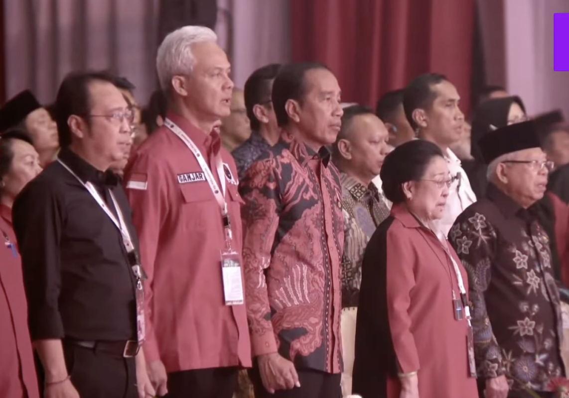 Presiden Joko Widodo, Ketum PDI Perjungan Megawati Soekarnoputri dan bakal calon presiden PDIP Ganjar Pranowo telah berada di arena Rapat Kerja Nasional (Rakernas) IV PDI Perjuangan di gelar di JI-Expo Kemayoran, Jakarta Pusat pada Jumat, 29 September 2023.