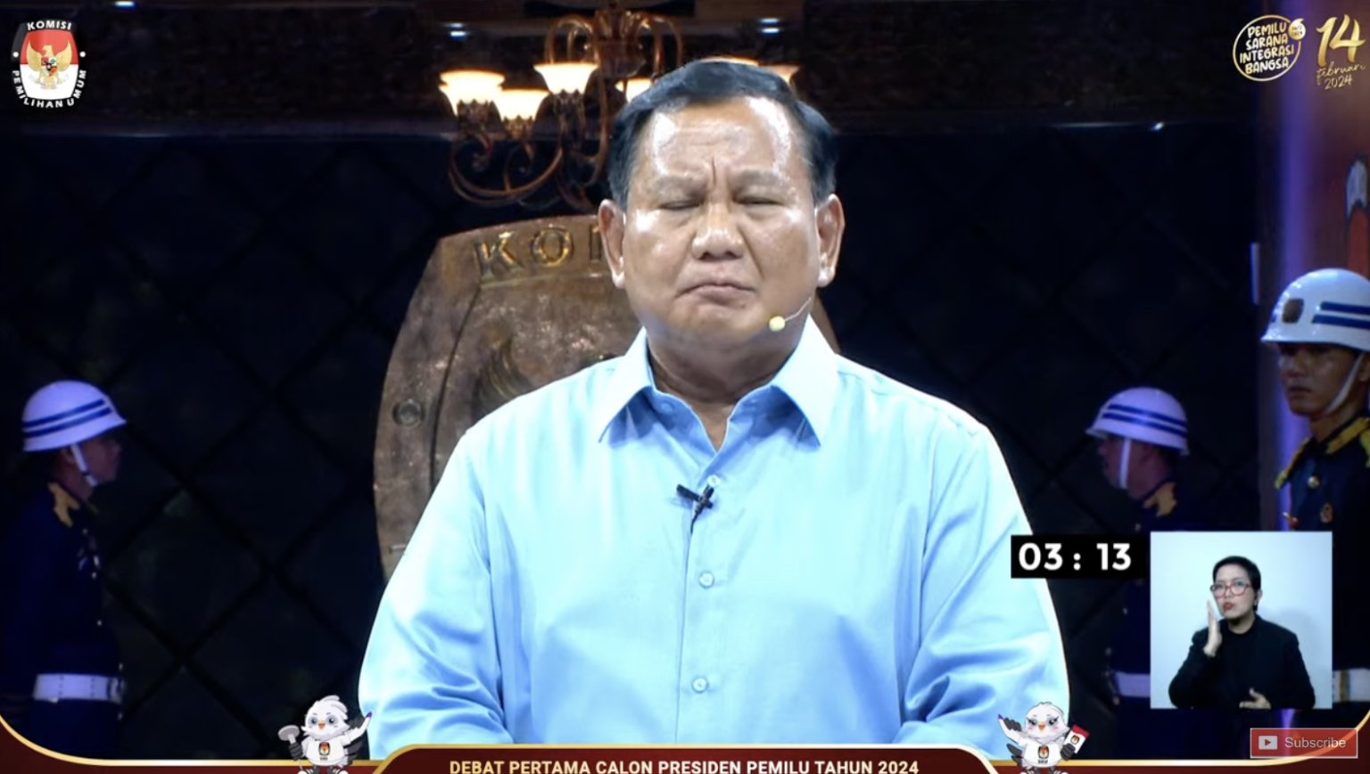 Prabowo Subianto saat debat capres di KPU pada Selasa, 12 Desember 2023.